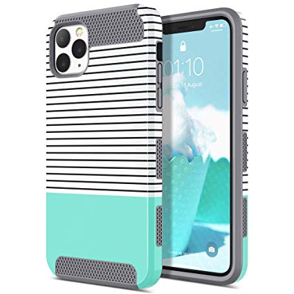 ULAK iPhone 11 Pro Max Case, Stylish Slim Shockproof Protective Hybrid Scratch Resistant Hard Back Shock Absorbent TPU Bumper Case for Apple iPhone 11 Pro Max 6.5 Inch (2019), Mint Minimal Stripes