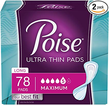 Poise Ultra Thin Incontinence Pads, Maximum Absorbency, Long, Unscented, 78 Count ( 2 Packs of 39)