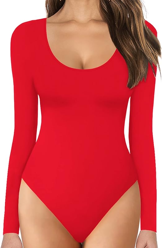 MANGOPOP Women's Scoop Neck Short Sleeve Long Sleeve Stretchy Basic Bodysuit Shirt