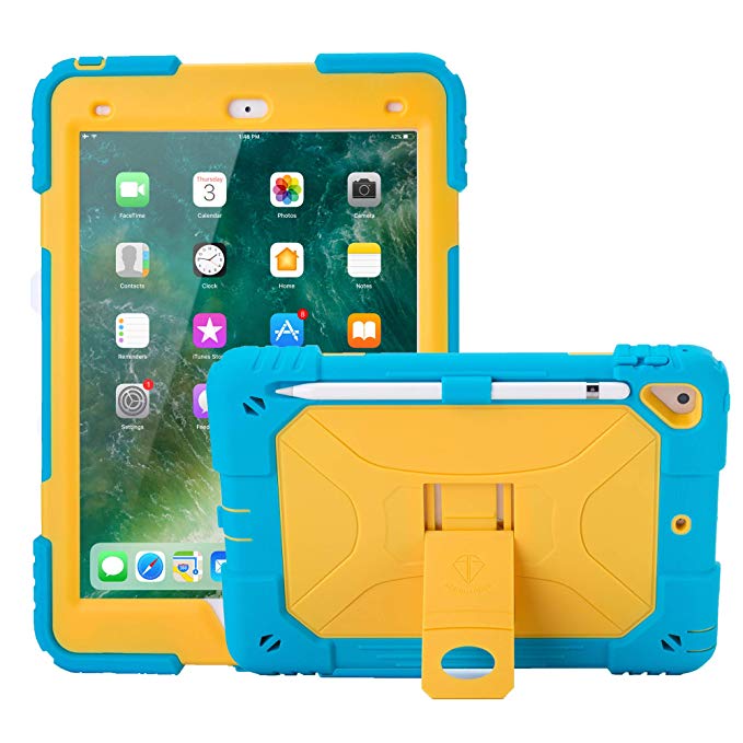 iPad 9.7 Case ACEGUARDER iPad 2018/2017 iPad 9.7 inch Soft Silicone Protective Case Shockproof Rugged Drop Protection Cover Built with Kickstand (Blue Yellow)