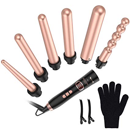 BESTOPE 6 in 1 Curling Iron and Wand Set with 6 Interchangeable Hair Wand Ceramic Barrels(0.5 to1.25) and Heat Protective Glove - Rose Golden