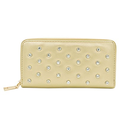 Women's Crystal Rhinestone Studded PU Leather Zip Around Wallet - Diff Colors