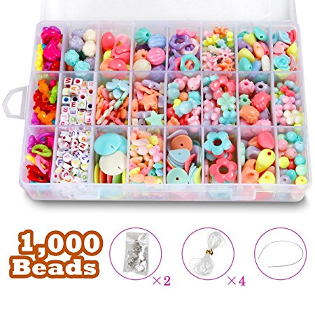 STSTECH DIY Beads Set with 4 Packs String, 24 Different Types and Shapes Colorful Acrylic DIY Beads in a Box for Children Necklace and Bracelet Crafts (Pattern01)