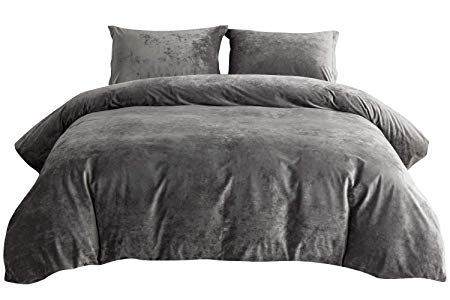 PHF Velvet Duvet Cover Set 3 Pieces Luxury Soft Solid Bedding Set for Summer with Corner Ties King Size Dark Grey