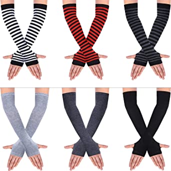 6 Pairs Women Long Fingerless Gloves Knit Arm Warmer Thumb Hole Stretchy Gloves