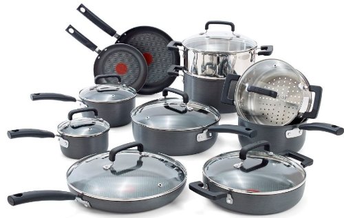 T-fal C770SI Signature Hard Anodized Scratch Resistant PFOA Free Nonstick Thermo-Spot Heat Indicator Cookware Set, 18-Piece, Gray