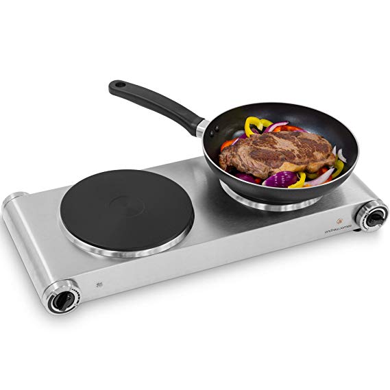 Andrew James Electric Double Hob - Portable Hot Plates in Stainless Steel - 2 Ring Hob with Die-Cast Iron Hotplates for Cooking at Home in a Caravan or for Camping