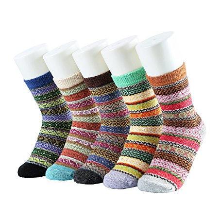 JOYEBUY 5 Pairs Warm Winter Fall Women Socks Retro Floral Style Cotton Knitting Wool Crew Socks