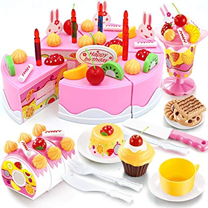 HenMerry DIY Cutting Birthday Party Cake Pretend Play Kitchen Food Toys Set Girls Gift for Children 75PCS (Pink)