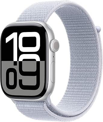 Apple Watch Series 10 (GPS 46 mm) Smartwatch mit Aluminiumgehäuse in Silber und Sport Loop in Blaue Wolke (One Size). Fitnesstracker, EKG App, Always-On Retina Display, CO₂ neutral