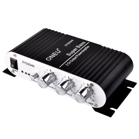 ONEU Mini amplifier Super Bass Hi-Fi Stereo Audio Amp Booster for Car Moto Home with DC 12V 3A Power Supply, Black