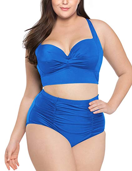 Luyeess Women's Plus Size High Waisted Ruched Bikini Sets Two Piece Strappy Cutout Swimsuit