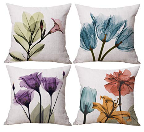 Geepro 18 x 18 inch Painting Flower Throw Pillow Cover Set Decorative Floral Cushion Covers Set of 4 (Purple)
