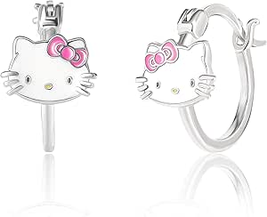 Sanrio Hello Kitty Womens Hoop Earrings - Sterling Silver and Enamel Hello Kitty Earrings Official License