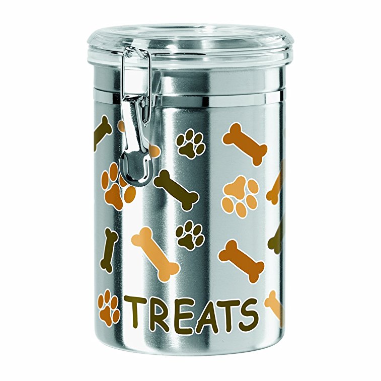 Oggi Airtight Stainless Steel 51-Ounce Pet Treat Canister with Treats, Paws and Bones Motif-Clear Acrylic Flip-Top Lid with Locking Clamp Closure