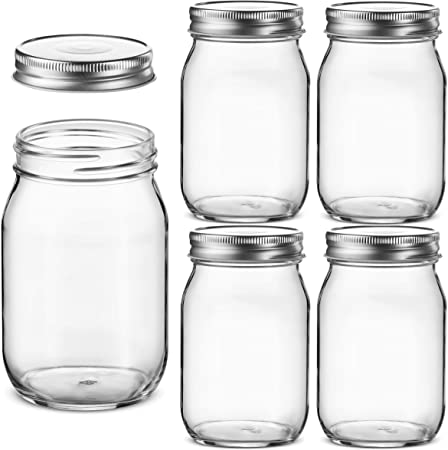 Glass Regular Mouth Mason Jars, 16 Ounce Glass Jars with Silver Metal Airtight Lids for Meal Prep, Food Storage, Canning, Drinking, Overnight Oats, Jelly, Dry Food, Spices, Salads, Yogurt (5 Pack)