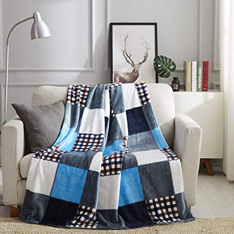 Tache Blue Lake Farmhouse Super Soft Fleece Plaid Patchwork Throw Blanket, 50x60