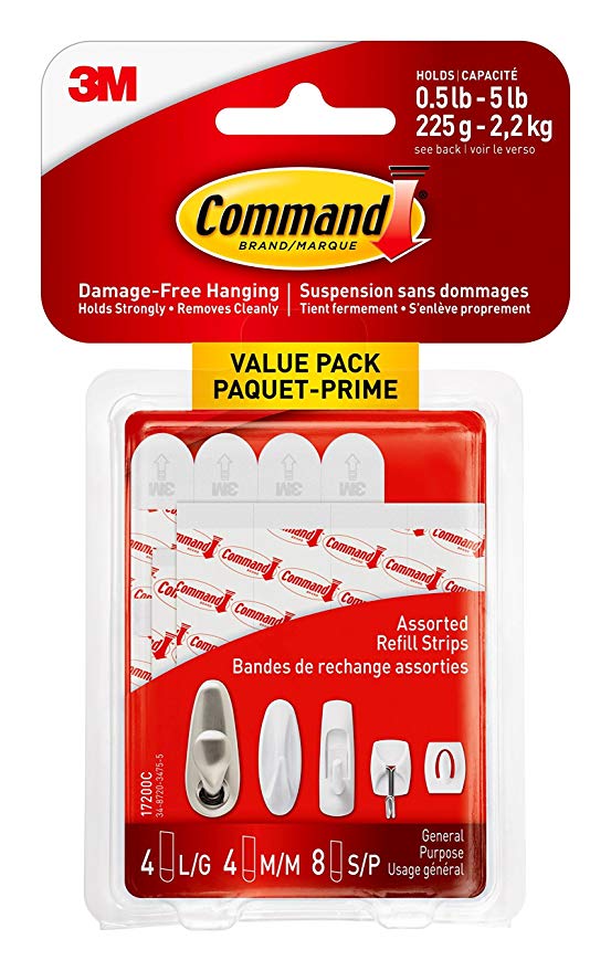 Command Assorted Refill Strips, White, 8 Small 4 Medium 4 Large Strips