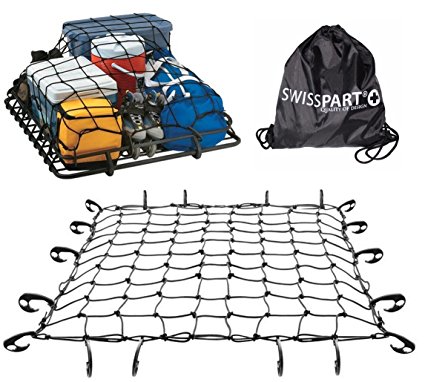 Black Rooftop Cargo Net Set 47" x 36" Stretches to 70" x 52" With 18 Adjustable Hooks For Car Roof Rack Basket Truck Bed Rear Netting