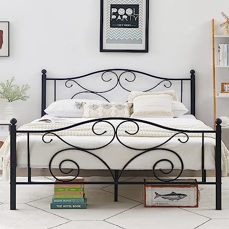 VECELO Queen Size Metal Bed Frame with Headboard and Footboard, Heavy Duty Steel Slat Support, Platform Mattress Foundation, No Box Spring Needed, Easy Assembly, Matte Black