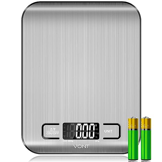 Vont 11/5kg Digital Stainless Steel Kitchen Scale, Multifunction, Tare Function, Modern Design, Compact & Portable Food Scale, 4 Different Measurement Units, Batteries Included