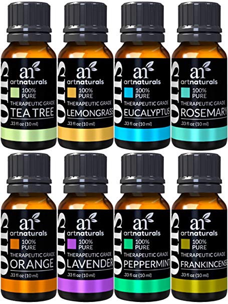 Art Naturals Top 8 Essential Oils - 100 Pure Of The Highest Quality Essential Oils - Peppermint Tee Tree Rosemary Orange Lemongrass Lavender Eucalyptus and Frankincense - Therapeutic Grade Great For Massage Aromatherapy Healing Revitalizing SPA Treatments Focus Meditation and Much More