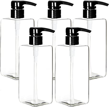 Youngever 5 Pack Pump Bottles for Shampoo 16 Ounce, Empty Shampoo Pump Bottles, Plastic Square with Lockdown-Leak Proof-Pumps (Black Pump)