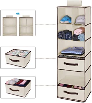 Magicfly 6-Shelf Hanging Closet Organizer with Drawers(1 Drawer with Divider & 1 Underwear Drawer), Foldable Clothes Hanging Shelf for Sweater, Bra, Socks, 44.9 X 13 X11.4 Inch, Beige