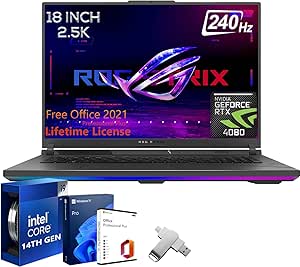 ASUS ROG Strix G18 Gaming Laptop - 18" 2.5K QHD 240Hz/3ms, GeForce RTX 4080, Intel 24 cores i9-14900HX, 64GB DDR5 RAM, 2TB SSD, Per-Key RGB Backlit KB, Windows 11 Pro & Office 2021 Lifetime Lisence