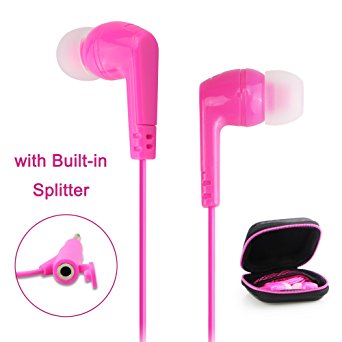 Earbuds with Built-in 3.5mm Jack Splitter, X-cable In-ear Headphones   Carrying Pouch Bonus, Noise Cancelling Earphones for Apple Android Windows Music Player and more-S M L Ear Caps-Pink