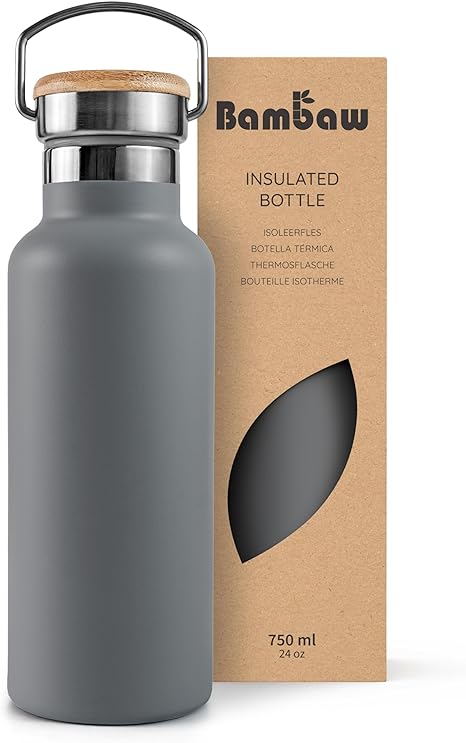 Bambaw Gray Insulated Water Bottle 24oz, Stainless Steel Water Bottle, Travel Water Bottle 24 oz, Metal Water Bottle without Straw, BPA Free Water Bottle Dishwasher Safe – Stormy Gray