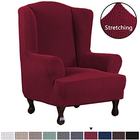 Sand Color Stretch One Seat Slipcovers Sofa Covers Furniture Protector Polyester Spandex Jacquard Fabric Small Checks (Wing Chair, Burgundy Red)