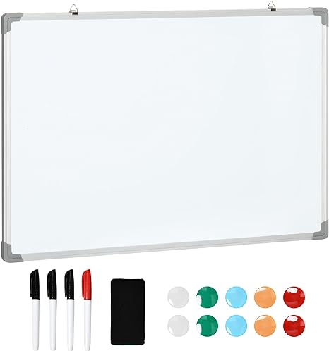 HOMCOM Tableau blanc magnétique cadre aluminium 90 x 60 cm avec feutres, effaceur et aimants