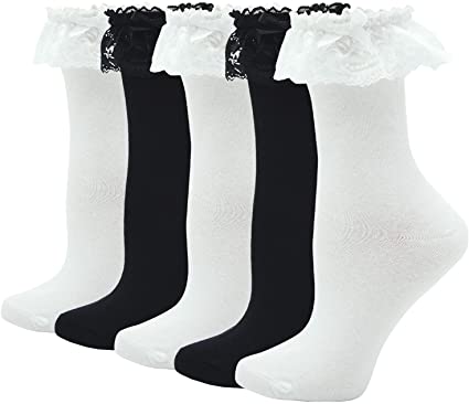 FITU Women's Vintage Dress Socks Ruffle Frilly Cute Rayon Lace Trim Socks 5-6 Pairs Pack in Gift Box