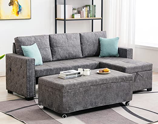 Sofa Couch,84" Pull-Out L-Shaped Sectional Sleeper Sofa,Sectional Sofa,Sleeper Sofa with Storage,Corner Sleeper Couch with Nail Head Trim,3-Seater Sleeper Couch,upholstered with Chaise Lounge,Gray