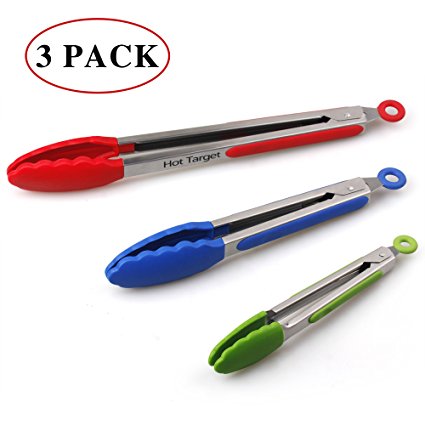 Promotional Price - Set of 3 - 7,9,12 Inch, Heavy Duty, Non- Stick, Stainless Steel Silicone Kitchen Tongs