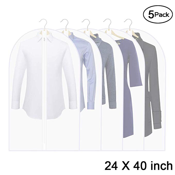 Thipoten Garment Bags, Set of 5 Lightweight 40 Inch Dust Proof Suit Bags with Full Stainless Steel Zipper, Garment Bags for Storage/Closet/Travel (Translucent, 24"x40")