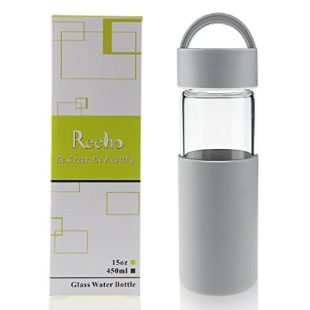 Reeho® Borosilicate Glass Water Bottle With Non Slip Silicone Sleeve [BPA Free] (Gray, 15 oz)