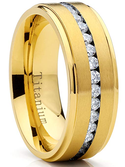 Metal Masters Co. Goldtone Titanium Men's Eternity Wedding Band Ring with Cubic Zirconia CZ, Comfort Fit 8mm
