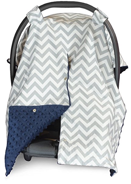Premium Carseat Canopy Cover / Nursing Cover- Large Chevron Pattern w/ Navy Minky | Best Infant Car Seat Canopy, Boy or Girl | Cool/ Warm Weather Car Seat Cover | Baby Shower Gift 4 Breastfeeding Moms