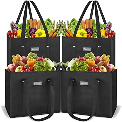 BALEINE 4 Pack Reusable Grocery Shopping Box Bag Set with Reinforced Bottom & Handles, Large Heavy Duty Eco Friendly Collapsible Foldable Bags in Bulk Fit in Shopping Cart (Black)