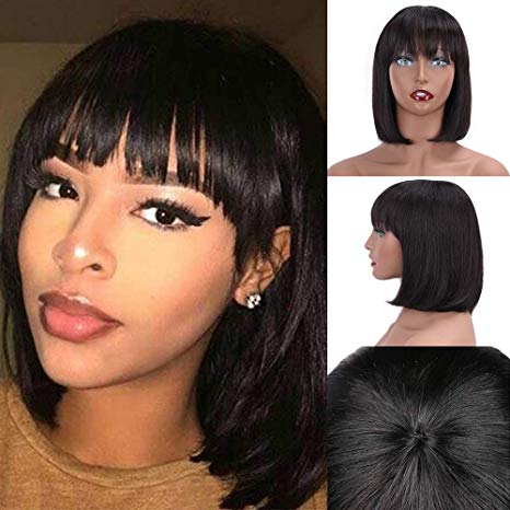 AISI HAIR 12 Inches Remy Human Hair 150% Density Double Weft Short Bob Wig with Free Part Bangs Straight Brazilian Short Non-Lace Human Hair Machine Made Wig (12 Inch,1b#)