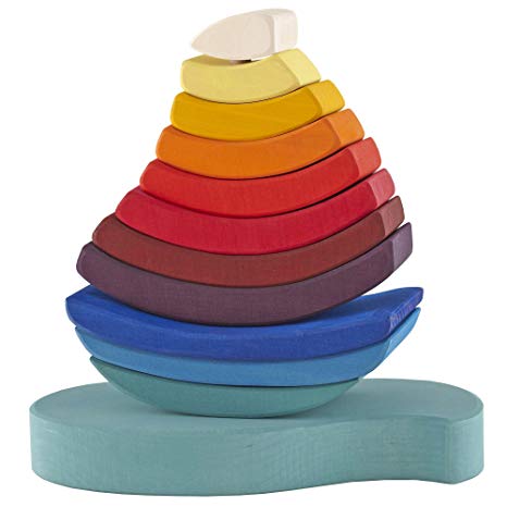 Grimm's Giant "Boat on the Water" Wooden Rainbow Stacking Tower, 11 Blocks