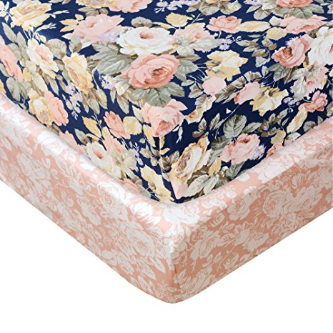 Brandream Floral Crib Sheet Blush Pink Floral Fitted Crib Sheet Chic Rose Baby Bedding Vintage Nursery Bedding Set for Girl, Navy, 2 Pack