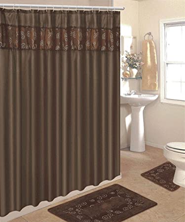4 Piece Bathroom Rug Set/ 2 Piece Chocolate Ring Bath Rugs with Fabric Shower Curtain and Matching Mat/Rings