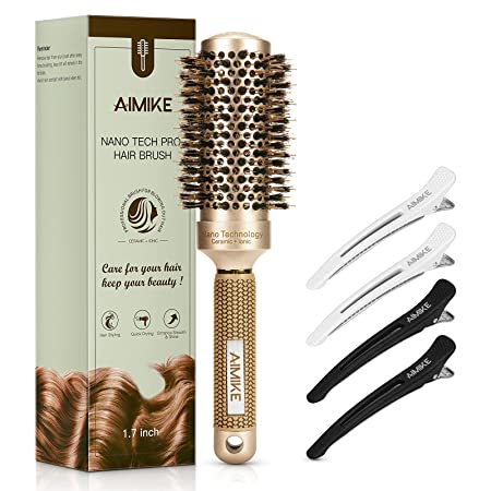 AIMIKE Round Brush for Women, Nano Thermal Ceramic and Ionic Tech Hair Brush, Medium Round Brush with Boar Bristles for Blow Drying, Styling, Curling, Increase Hair Shine (Barrel 1.7'')   4 Hair Clips