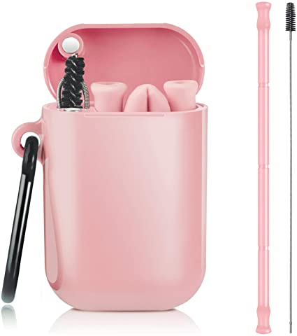 ALINK Collapsible Reusable Silicone Straws, Long Portable Flexible Drinking Straw With Carrying Case and Cleaning Brush - Pink