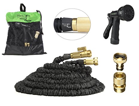 100ft Black Cobra Expandable Garden Hose with Free Solid Brass Quick Release Connector. Comes with FREE storage bag and 8 function Spray Head. Long, Strong and easy to connect.