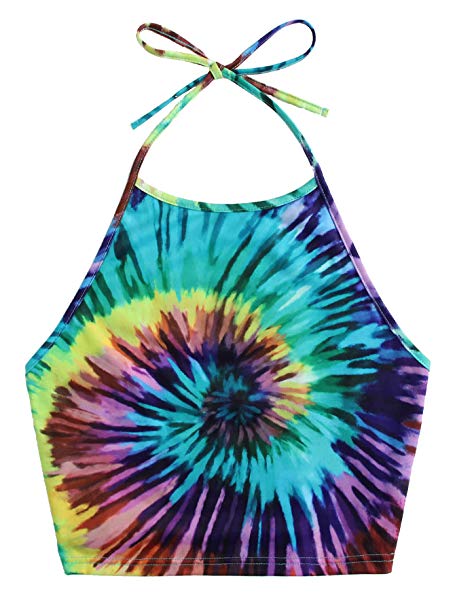 Romwe Women's Sexy Spiral Tie Dye Multicolor Print Backless Tie Halter Top