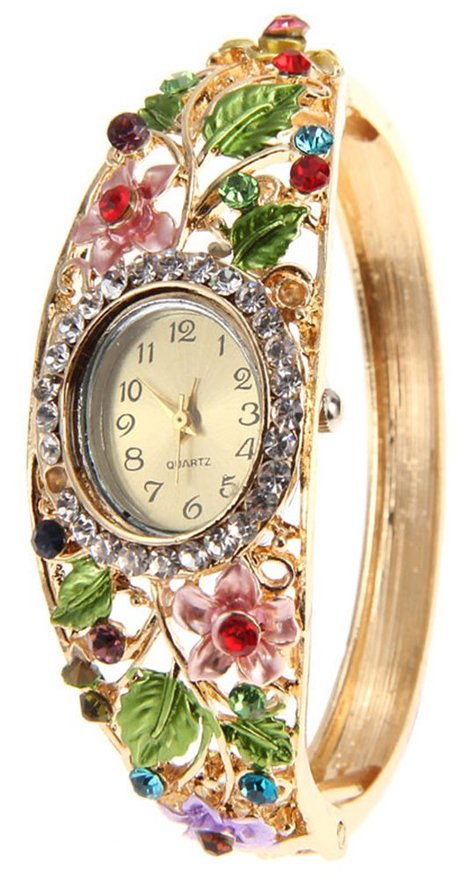 COCOTINA Womens Fashion Flower Bangle Style Bracelet Rhinestone Round Dial Analog Quartz Wrist Watch - Multi-colored